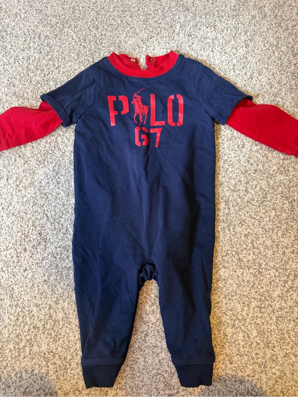 Ralph Lauren Navy One-Piece with Red Logo & Sleeves